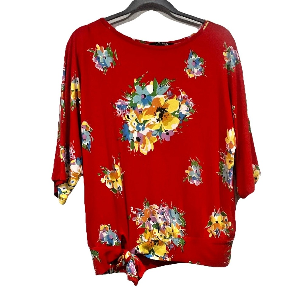 Lauren Ralph Lauren Red Floral Batwing Sleeve Side Tie Knit Top Small - Picture 3 of 6